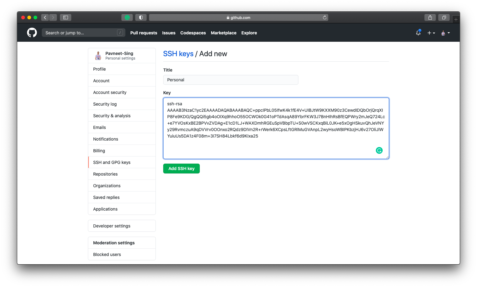 将 ssh 密钥保存到 GitHub