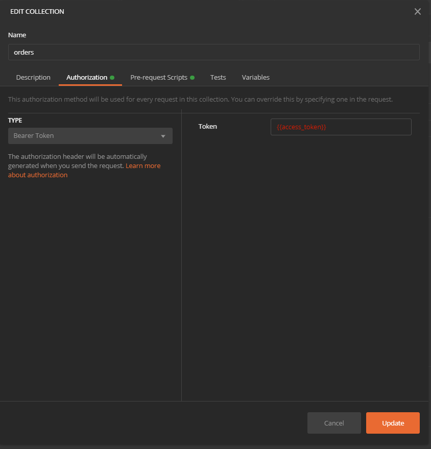 Postman 收藏授权标签。类型为 Bearer Token，值为 {{access_token}}