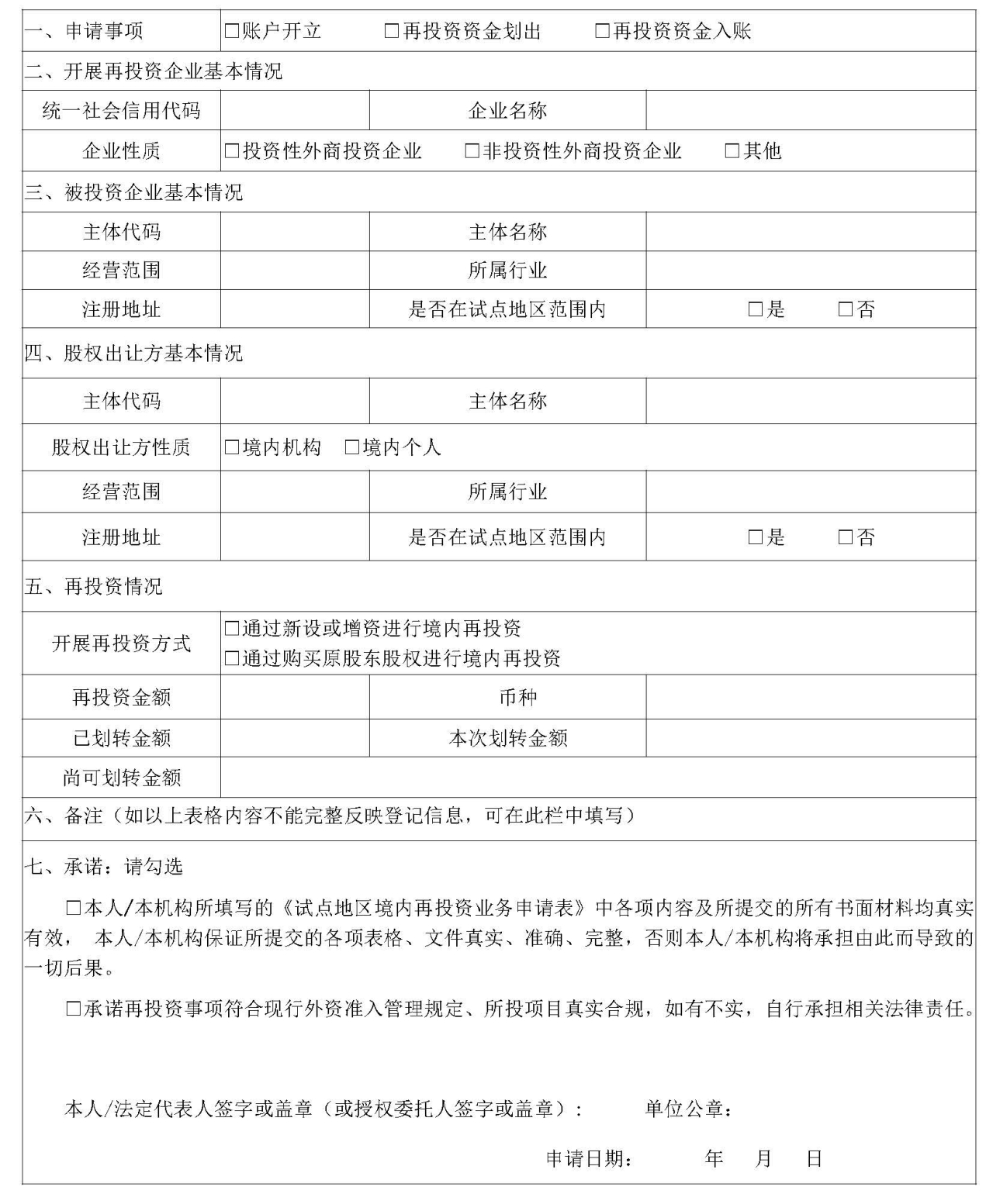 試點地區境內再投資業務申請表